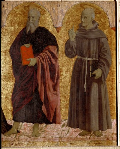Polyptic of Misericorde: Jomfruen af Misericorde, omgivet af helgener. Detalje, der afbilder Sankt Andre og Sankt Bernardino af Siena (Bernardino da Siena eller Bernardino degli Albizzeschi af Piero della Francesca