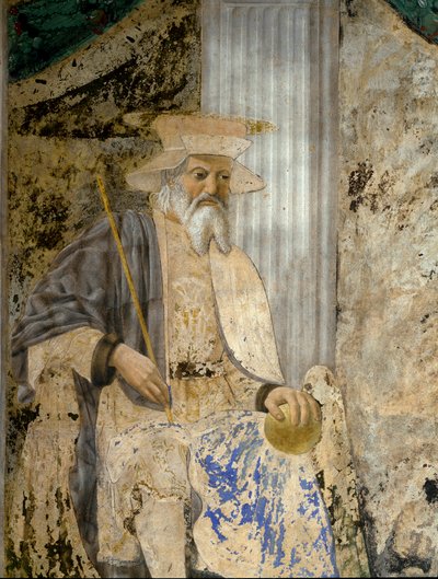 Portræt af Sigismondo Pandolfo Malatesta (1417-1468) i bøn før San Sigismondo (Sigismondo). Detalje af helgenen. Fresco af Pietro di Benedetto dei Franceschi dit Piero della Francesca (1422-1492) af Piero della Francesca