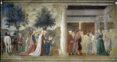 Legenden om det sande kors, detalje om tilbedelse af den hellige skov og mødet mellem Salomon og dronningen af Saba af Piero della Francesca