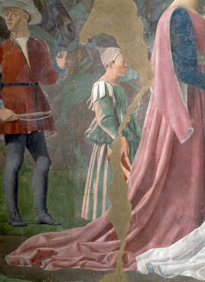 Legenden om det sande kors, dronningen af Saba, der tilbeder korsets skov, detalje af en ledsager, færdiggjort fresko fra 1464 af Piero della Francesca
