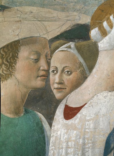 Legenden om det sande kors, dronningen af Saba, der tilbeder korsets skov, detalje af to ledsagere, færdiggjort fresko fra 1464 af Piero della Francesca