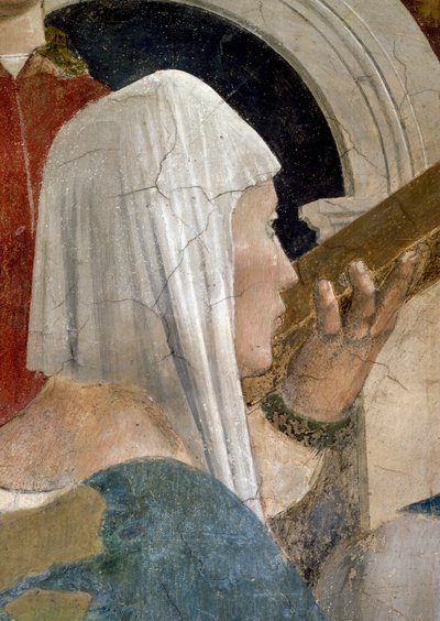 Legenden om det sande kors, verifikationen af korset, detalje af dronningen af Sheba, der kysser korset, færdiggjort fresko fra 1464 af Piero della Francesca