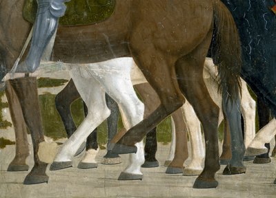 Legenden om det sande kors, Konstantins sejr i slaget ved Milvian Bridge, detaljer om hestens fødder, færdiggjort 1464 fresko af Piero della Francesca