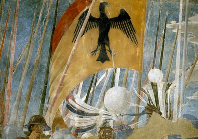 Legenden om det sande kors, Konstantins sejr i slaget ved Milvian Bridge, detalje af banneret, færdiggjort fresko fra 1464 af Piero della Francesca
