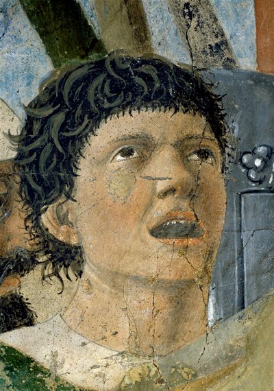 Legenden om det sande kors, Konstantins sejr i slaget ved Milvian Bridge, detalje af en råbende mand, færdiggjort fresko fra 1464 af Piero della Francesca