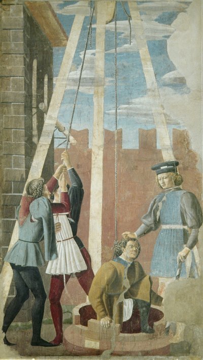 Tortur af jøden: Judas bliver trukket fra brønden, fra den sande kors-cyklus, afsluttet 1464 (fresko) af Piero della Francesca