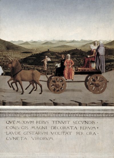 Triumf af Battista Sforza, hertuginde af Urbino. Battista og hendes tjenerinde, to teologiske dyder og en nonne bliver trukket i en triumfbil af to brune enhjørninger, efter 1472 (tempera på panel) (detalje af Piero della Francesca