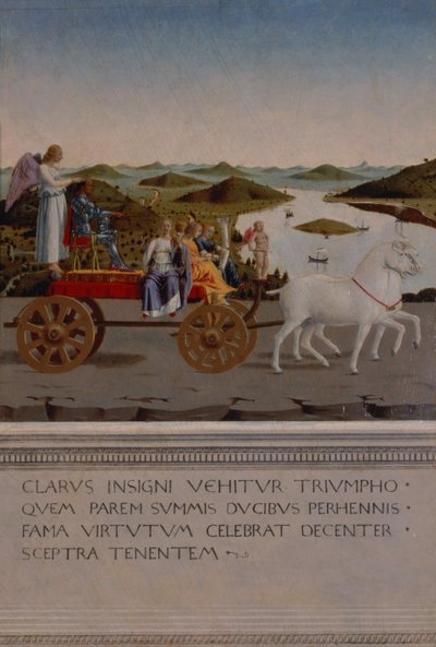 Triumf af Federigo da Montefeltro, hertug af Urbino; Federigo og de fire kardinaldyder i en triumfbil tegnet af hvide enhjørninger, bevinget Victory, der holder den hertuglige krone, malet efter 1474 (pan af Piero della Francesca