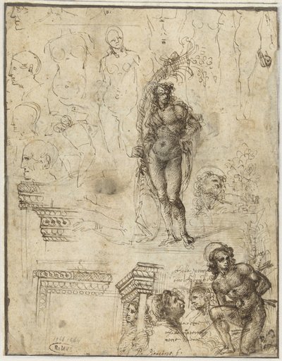 Studieark med hoveder, figurer og arkitektoniske fragmenter Studieark med hoveder, figurer og arkitektoniske fragmenter af Piero di Cosimo (attributed to)
