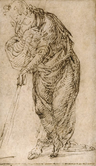 Stående figur læner sig op ad en stav af Piero di Cosimo