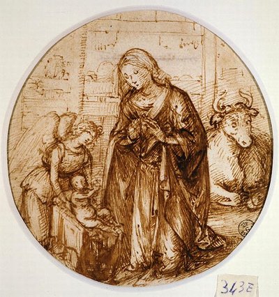 Tilbedelse af barnet (pen og blæk på papir) af Piero di Cosimo