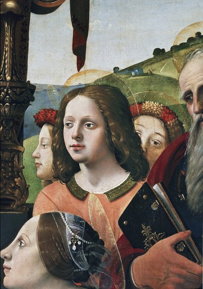 Jomfru og barn på tronen omgivet af helgener, detaljer (olie og tempera på panel, ca. 1493) af Piero di Cosimo