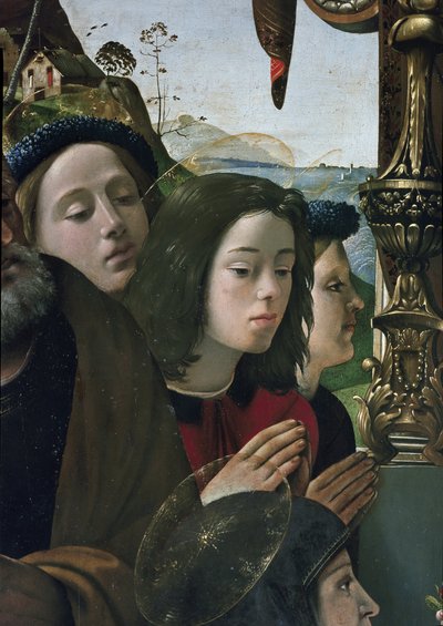 Jomfru og barn på tronen omgivet af helgener, detaljer (olie og tempera på panel, ca. 1493) af Piero di Cosimo