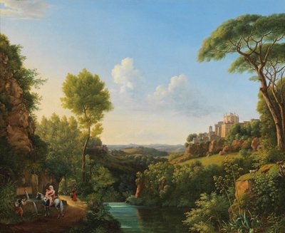 Italiensk landskab med rejsende ved en brønd af Pierre Athanase Chauvin