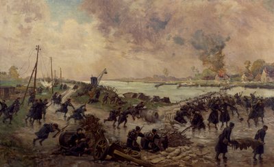 Belgiske tropper i kamp på Yser, oktober 1914, Første Verdenskrig, Belgien, 20. århundrede af Pierre Ernest and Neymark Gustave Ballue