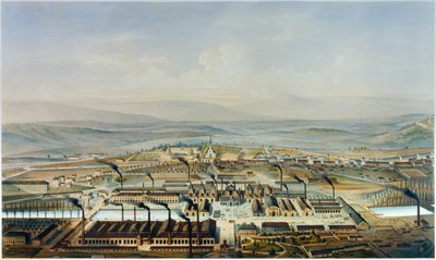 Udsigt over værkstederne Creusot og Chateau de la Verrerie, litografi efter akvarel af Pierre Tremaux (1818-1895) af Pierre (after) Tremaux