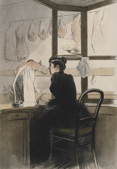 Kassereren hos slagteren, illustration fra 