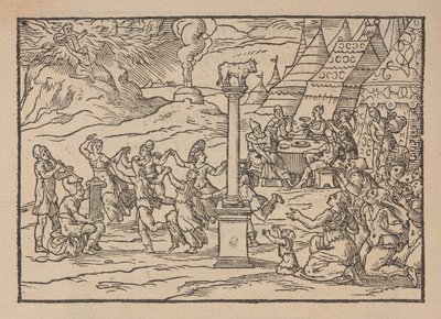 Tilbedelse af den gyldne kalv, fra Figure de la Biblia, illustrerer stanze Toscana, af Gabriele Simeoni af Pierre (attr. to) Eskrich