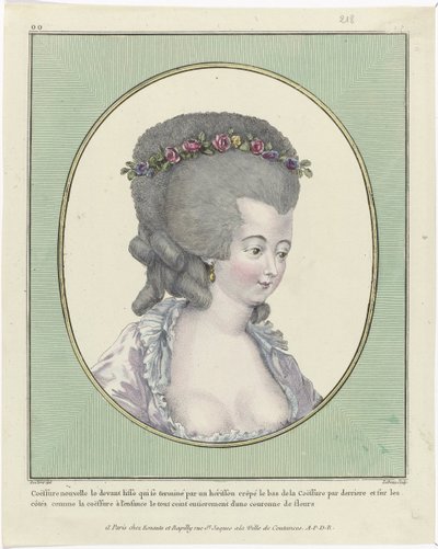 Frisurer, puf, hatte og huer: Elleve frisurer og hovedbeklædninger Galleri for fransk mode og kostumer, 1781, oo 218: New Coëffure forsiden (...) af Pierre Adrien Le Beau