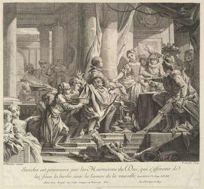 Sancho forfulgt af hertugens køkkendrenge, 1700-tallet. af Pierre Alexandre Aveline