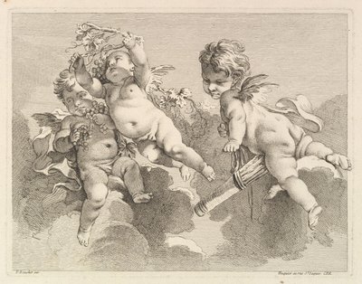 Tre kærligheder, den ene holder et kogger, den anden, druer, 1727-60. af Pierre Alexandre Aveline