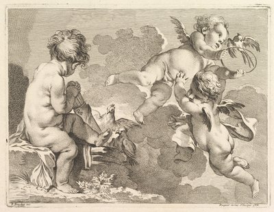 Tre kærligheder, hvoraf den ene sidder, holder et kogger, 1727-60. af Pierre Alexandre Aveline