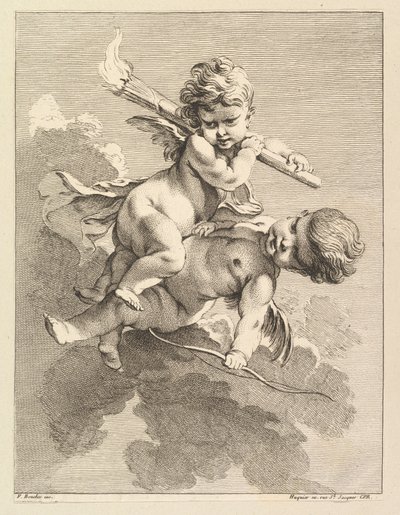 To amoriner, en med fakkel, en anden bue, 1727-60. af Pierre Alexandre Aveline