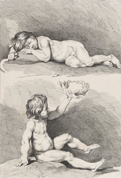 To nøgne børn, den ene sover og den anden holder en krans, fra New Book of Childr..., 1720-60. af Pierre Alexandre Aveline