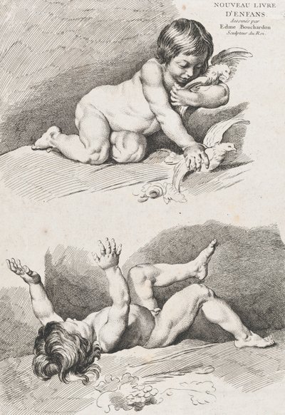 To nøgne børn, der leger med et blad, fra New Book of Children, 1720-60. af Pierre Alexandre Aveline