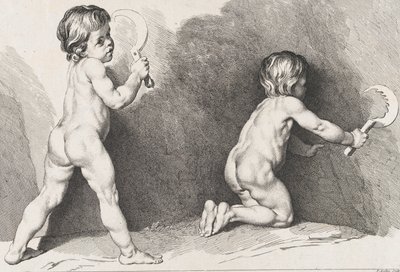 To nøgne børn stående, fra New Book of Children, 1720-60. af Pierre Alexandre Aveline