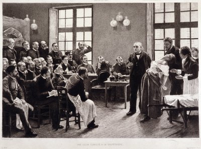 En klinisk forelæsning af Dr. Charcot på Salpetriere i 1887. Studerende fra afdelingen af professor Jean Martin Charcot, der forklarer sagen om Blanche Wittman, hans patient og marsvin foretrækker hendes forskning i hysteri. Han var assistent for Jo af Pierre Andre (after) Brouillet