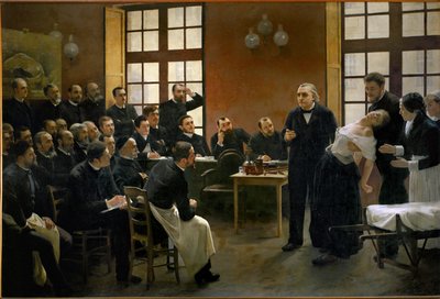 En lektion om hysteri af Jean Martin Charcot, pioner inden for neurologi, på hospitalet la Salpetriere (olie på lærred) af Pierre Andre Brouillet