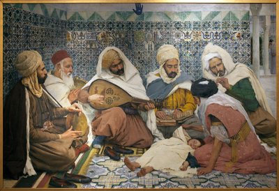 Eksorcisme: Arabiske musikere jager jinn fra et barns krop. Maleri af Andre Brouillet (1857-1914), Olie på lærred af Pierre Andre Brouillet