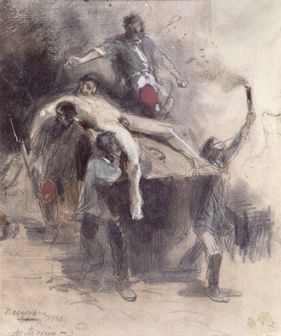 Mænd, der bortfører et lig, 23. februar 1848 (gouache) af Pierre Andrieu