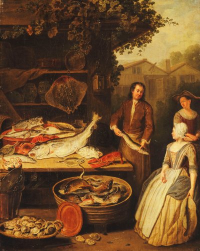 En fiskehandler viser en gedde til en stuepige, 1727 af Pierre Angelis or Angillis