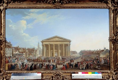 Ceremoni med nedlæggelse af den første sten til den nye kirke Saint Genevieve den 6/09/1764 nær Pantheon-maleriet af Pierre Demachy (1723-1807) 1765. Dim. 81 x 1,29 m Paris, musee Carnavalet - Ceremoni for lægning af den første sten til den nye St Genevi-k af Pierre Antoine Demachy