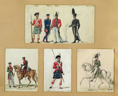 Skotske soldaters uniformer og preussiske, engelske, hannoveranske og russiske officerer i 1814 af Pierre Antoine Lesueur