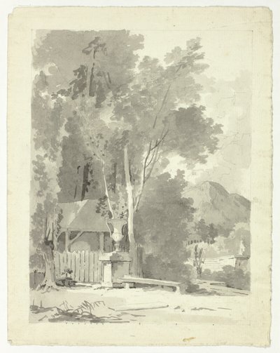 Klassisk urne foran et skur med tempel og bjerg i baggrunden af Pierre Antoine Mongin