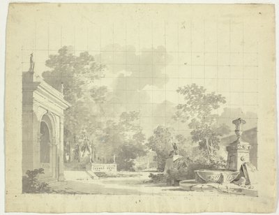 Udsigt over parken ved Versailles: Buet indgang til en terrasse, urner og ødelagte statuer af Pierre Antoine Mongin
