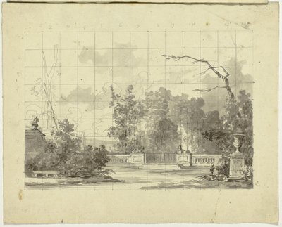 Udsigt over parken ved Versailles: Balustrade med to sfinks-urner af Pierre Antoine Mongin