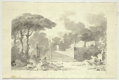 Udsigt over parken ved Versailles: Monumental trappe, piedestal og tempel af Pierre Antoine Mongin