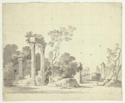 Udsigt over parken ved Versailles: Ødelagte søjler og en åben jernport af Pierre Antoine Mongin