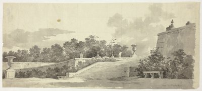 Udsigt over parken ved Versailles: Trappe, urner og topiarier af Pierre Antoine Mongin