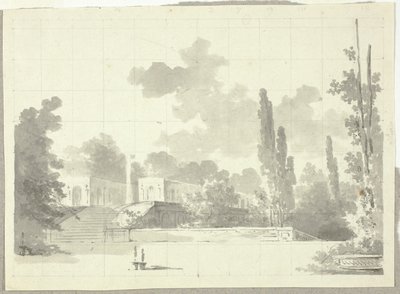 Udsigt over parken ved Versailles: Trappe til terrasse med tempel og søjle af Pierre Antoine Mongin