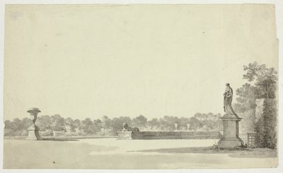 Udsigt over parken ved Versailles: Terrasse med urne, sfinx og kvindestatue af Pierre Antoine Mongin