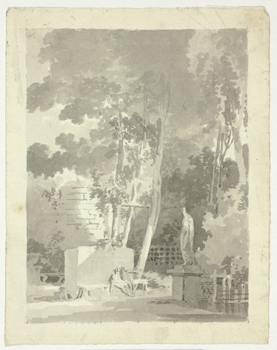 Udsigt over parken ved Versailles: To figurer på en bænk i en lysning, kvindelig statue i nærheden af Pierre Antoine Mongin