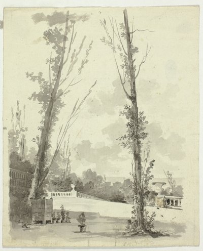 Udsigt over parken ved Versailles: To poppeltræer med balustraded Walk i baggrunden af Pierre Antoine Mongin