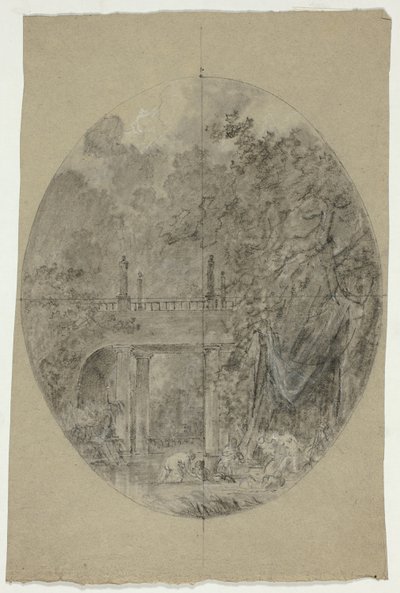 Udsigt over parken ved Versailles: Kvinder bader under en bro af Pierre Antoine Mongin