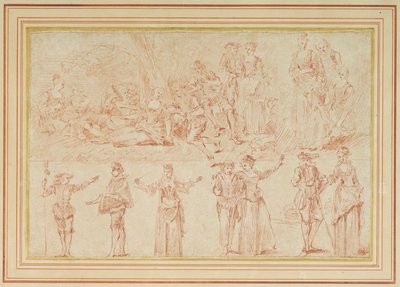 To fester galantes og studier af enkelte figurer og par (rødt kridt på papir) af Pierre Antoine Quillard