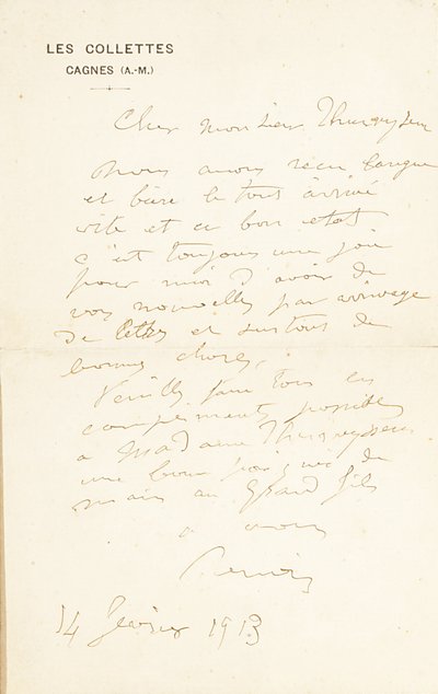 Autografbrev underskrevet til Dr. Fritz Thurneyssen, Paris og Les Collettes, 24. juni 1908 af Pierre Auguste Renoir